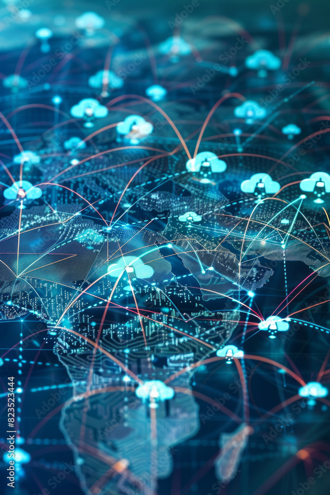 Cloud icons distributed across a global map, connected by high-speed data highways, illustrating the efficiency and performance benefits of cloud-based content delivery networks Cloud icons distributed across a global map, connected by high-speed data highways, illustrating the efficiency and performance benefits of cloud-based content delivery networks