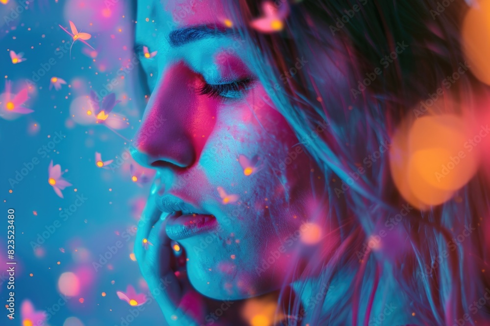 A woman with her eyes closed surrounded by butterflies. Ideal for nature and beauty concepts A woman with her eyes closed surrounded by butterflies. Ideal for nature and beauty concepts