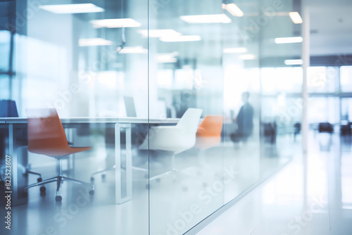 Beautiful blurred background of a modern office interior in gray tones with panoramic windows  glass partitions and orange color accents.