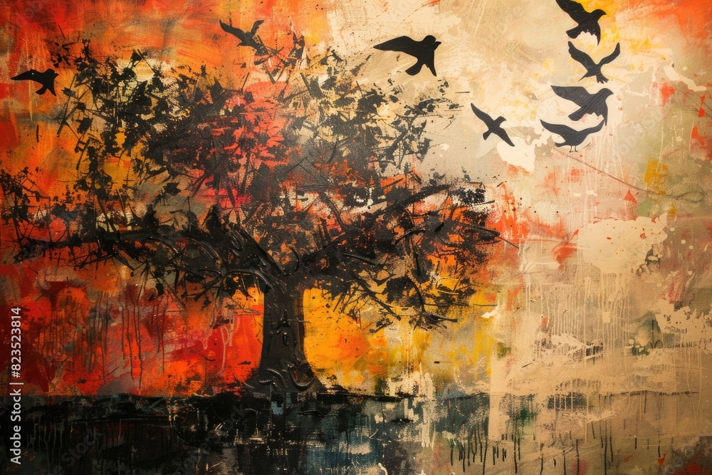 Artistic depiction of a tree with birds flying around it. Suitable for nature-themed designs