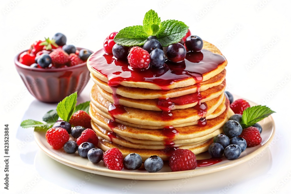 homemade pancakes with syrup and berries on white homemade pancakes with syrup and berries on white