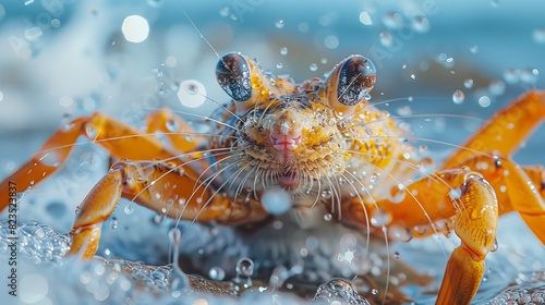 A macro image displaying a lobster surrounded by water bubbles  highlighting its intricate details and textures