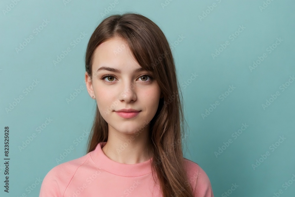 Beautiful young girl wearing a pink pullover, relaxed and looking at the camera with a blue or turquoise background and copy space. Beautiful young girl wearing a pink pullover, relaxed and looking at the camera with a blue or turquoise background and copy space.