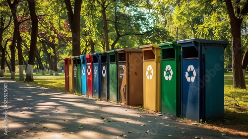 Photo plastic garbage containers for sorting, separate garbage and trash collection. The problem of ecology, waste recycling, waste disposal, reusable use, recyclables use, consumer culture. © Анастасия Комарова