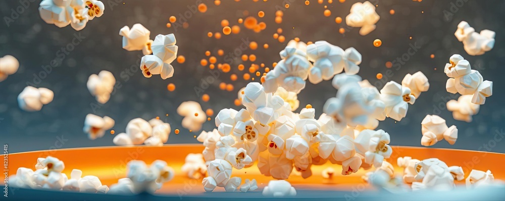 Close-up of popcorn popping in a bowl, with kernels flying in mid-air against a blurred background. Warm and cozy cinematic snack moment. Close-up of popcorn popping in a bowl, with kernels flying in mid-air against a blurred background. Warm and cozy cinematic snack moment.