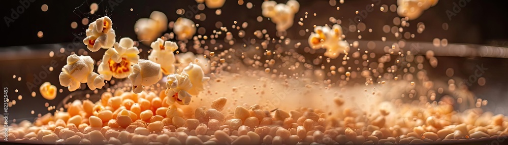 Close-up of popcorn kernels popping with vibrant energy against a dark background, capturing the motion and details of snack preparation. Close-up of popcorn kernels popping with vibrant energy against a dark background, capturing the motion and details of snack preparation.