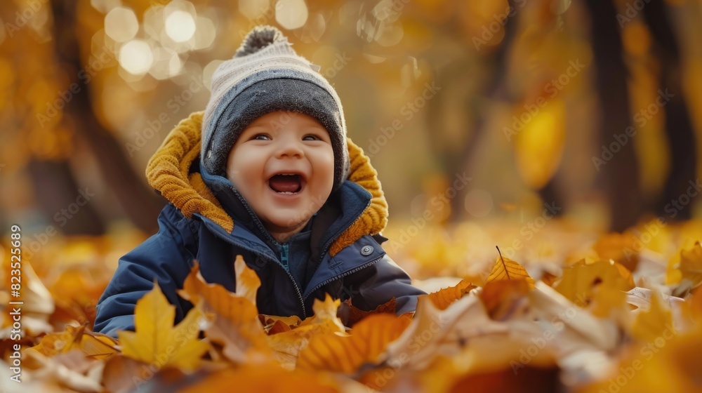 A smiling baby laying in a pile of leaves, perfect for fall-themed designs