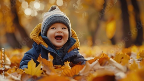 A smiling baby laying in a pile of leaves  perfect for fall-themed designs