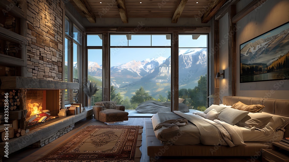 A cozy bedroom with a fireplace, large bed, and a view of the mountains.