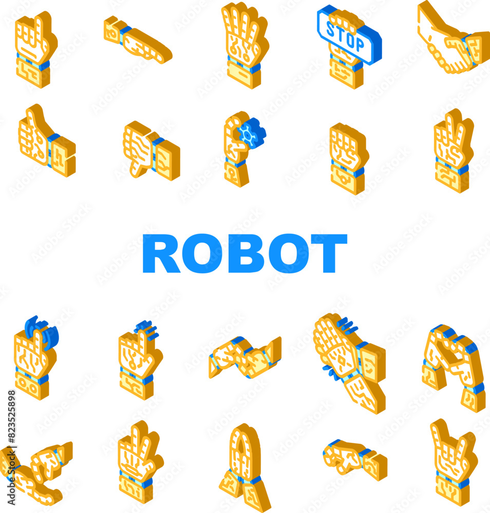 hand robot technology icons set vector. artificial cyborg, future arm, human finger, futuristic touch, machine cyber ai tech hand robot technology isometric sign illustrations hand robot technology icons set vector. artificial cyborg, future arm, human finger, futuristic touch, machine cyber ai tech hand robot technology isometric sign illustrations
