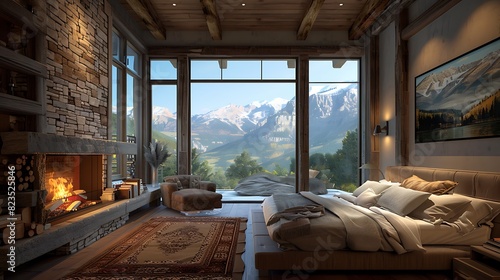 A cozy bedroom with a fireplace  large bed  and a view of the mountains.