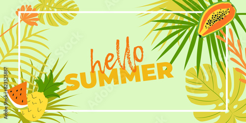 Green hello summer abstract background with tropical leaves and fruits. Design art template for social media post, mobile apps, banners design and web/internet ads. Vector fashion sale banner.