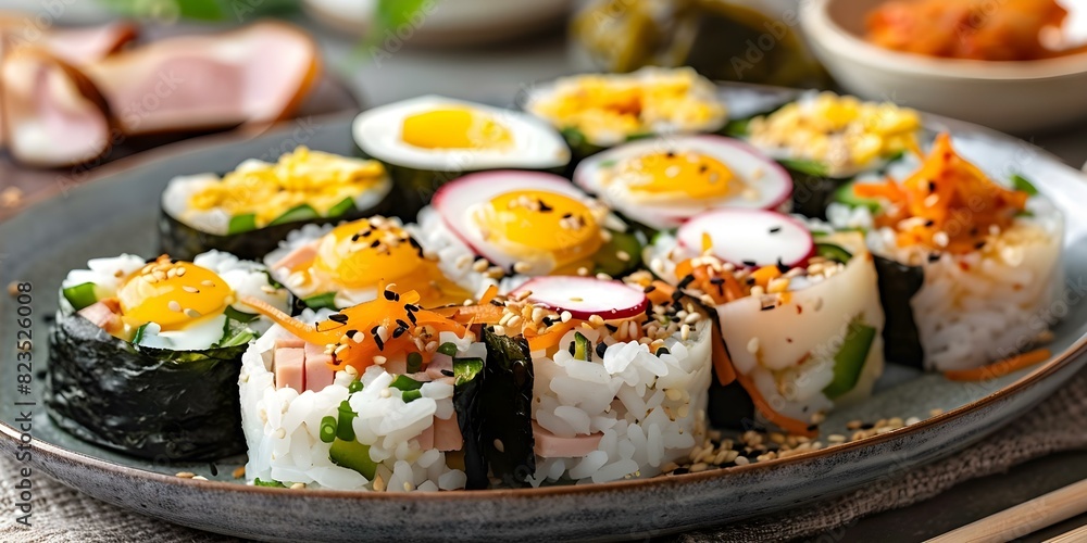Korean gimbap rice rolls with veggies egg ham pickled radish kimchi. Concept Korean Food, Gimbap, Rice Rolls, Veggies, Egg, Ham, Pickled Radish, Kimchi Korean gimbap rice rolls with veggies egg ham pickled radish kimchi. Concept Korean Food, Gimbap, Rice Rolls, Veggies, Egg, Ham, Pickled Radish, Kimchi