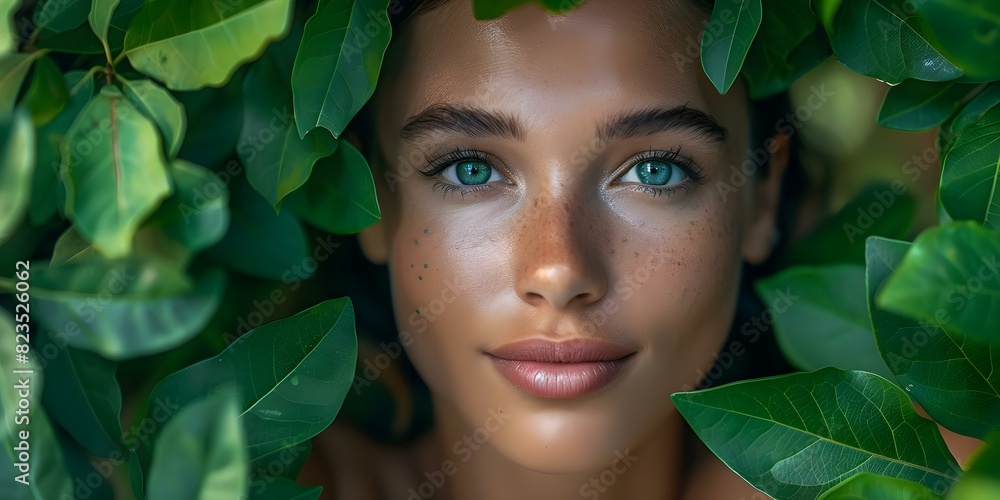 Portrait of a woman with green leaves around her face symbolizing sustainability. Concept Sustainability, Portrait Photography, Green Leaves, Environmental Awareness, Conceptual Art Portrait of a woman with green leaves around her face symbolizing sustainability. Concept Sustainability, Portrait Photography, Green Leaves, Environmental Awareness, Conceptual Art