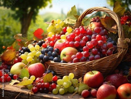 A basket of fresh fruits including apples  grapes  and berries arranged outdoors  highlighting vibrant colors and natural beauty.