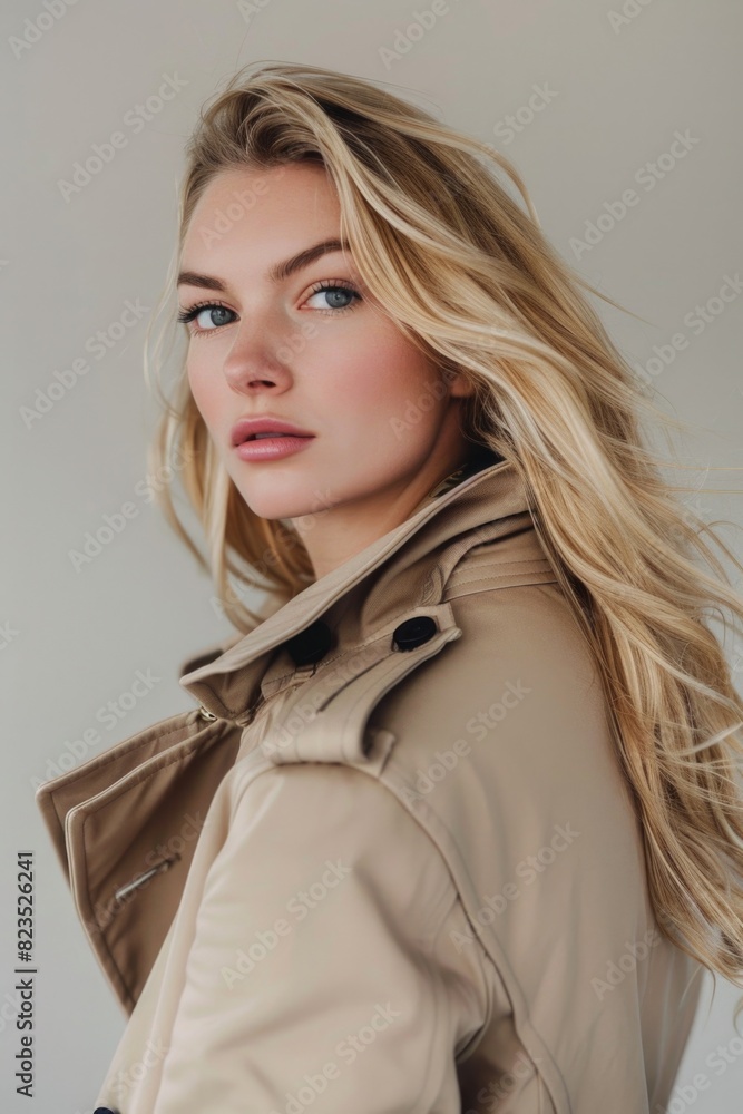 A stylish woman with long blonde hair wearing a trench coat. Perfect for fashion or lifestyle concepts A stylish woman with long blonde hair wearing a trench coat. Perfect for fashion or lifestyle concepts
