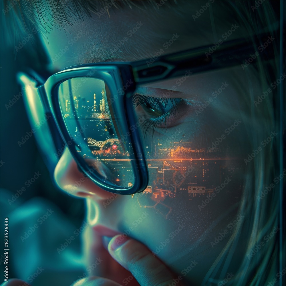 A young girl gazes through glasses, overlaying a vibrant, neon-lit cityscape at night with a focus on depth and vision. A young girl gazes through glasses, overlaying a vibrant, neon-lit cityscape at night with a focus on depth and vision.