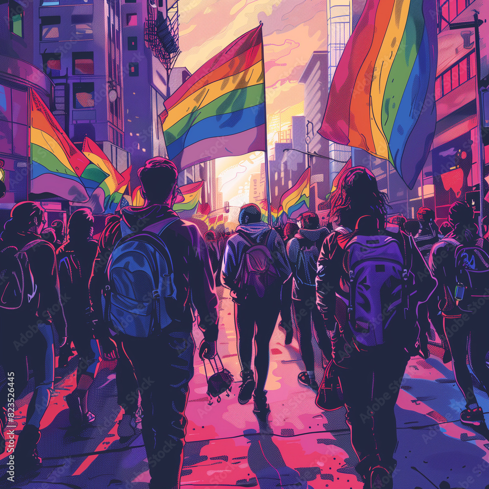 A group of people are walking down a street holding rainbow flags. Scene is celebratory and joyful