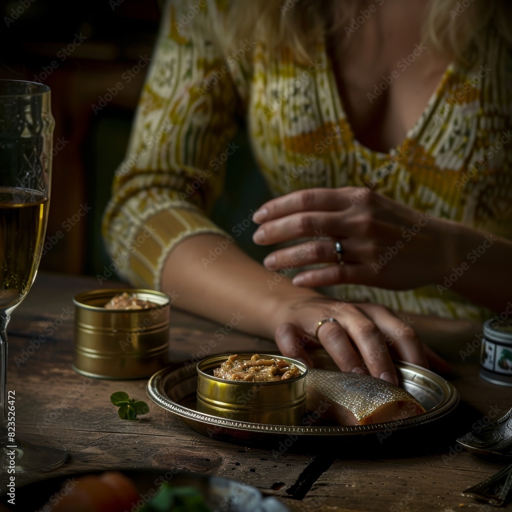 Woman with tin can of conserved tuna at table, improper nutrition, canned food diet Woman with tin can of conserved tuna at table, improper nutrition, canned food diet