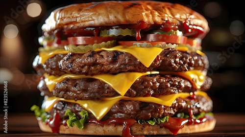 Close-up of a delicious triple patty cheeseburger with fresh lettuce, tomato slices, pickles, melted cheese, and barbecue sauce, on a sesame bun. photo