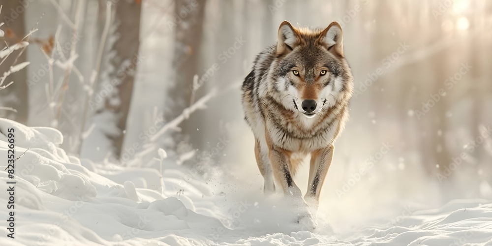 Obraz premium Majestic wolf roaming a snowy forest embodying the enchantment of winter. Concept Wildlife Photography, Winter Wonderland, Nature's Beauty, Majestic Creatures, Enchanting Wilderness