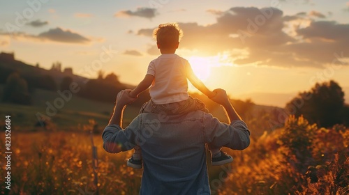 Fathers day. Back view of a little child boy sitting on his fathers shoulders holding hands and looking into the distance enjoying sunset. Father walking with son outdoors 