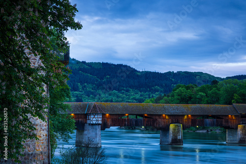 Historic wooden bridge over the river rhine at the southern black forest at bad säckingen germany