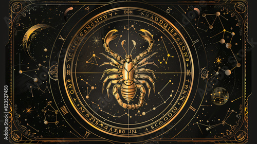 Scorpio astrological sign and zodiac wheel on black 