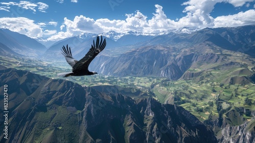 A majestic bird soaring over a picturesque mountain valley. Ideal for nature and travel concepts #823527470
