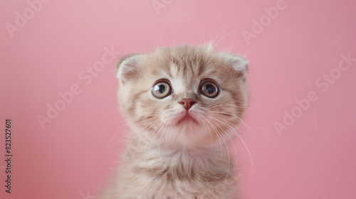 Scottish straight baby cat on pink background closeup