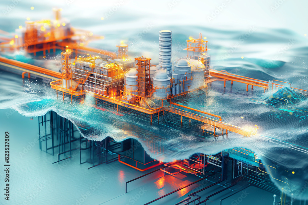 Obraz premium Image showing the Maritime City Project Its focus is on sustainable development and advanced technological infrastructure for data transmission. ,3D infographic design 