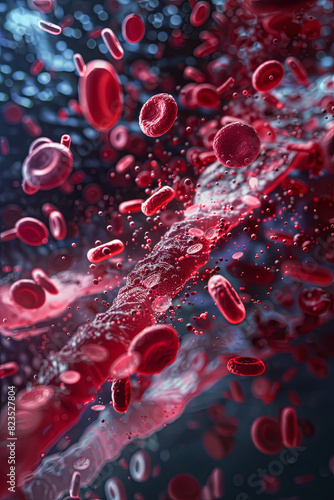 Microscopic view of human blood components flowing through bloodstream
