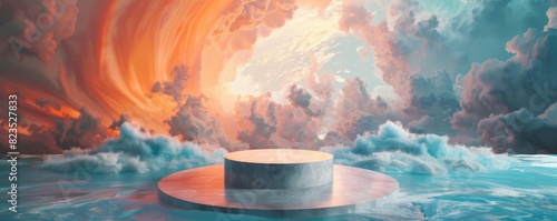 Bright and vibrant mockup with a central podium, surrounded by fantasy clouds and water photo
