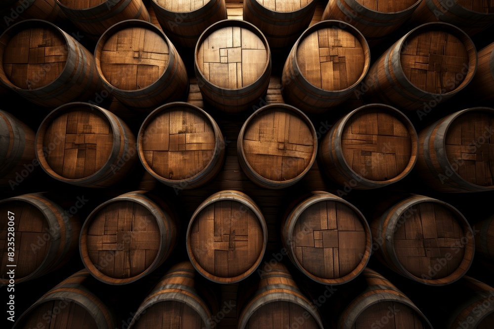 Symmetrical view of oak wine barrels stacked in a dark cellar, with a warm, inviting ambiance