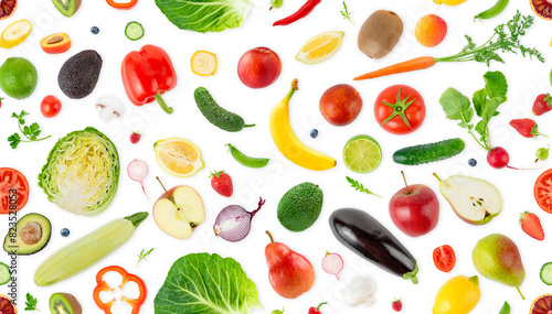 Seamless pattern of fruits, vegetables and berries isolated on white background.