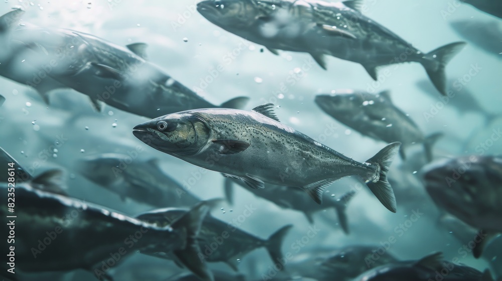 Underwater view of a school of salmon swimming dynamically through ocean waters, showcasing their natural habitat. Underwater view of a school of salmon swimming dynamically through ocean waters, showcasing their natural habitat.