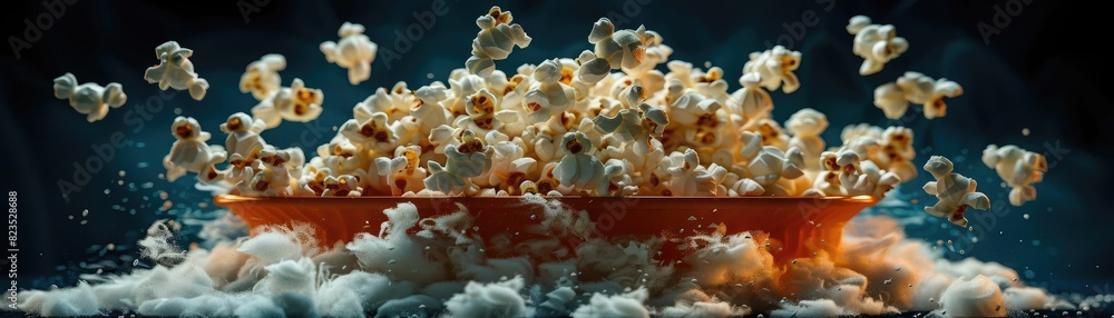 A vibrant bowl of popcorn with kernels dramatically popping, surrounded by steam on a dark background. A vibrant bowl of popcorn with kernels dramatically popping, surrounded by steam on a dark background.