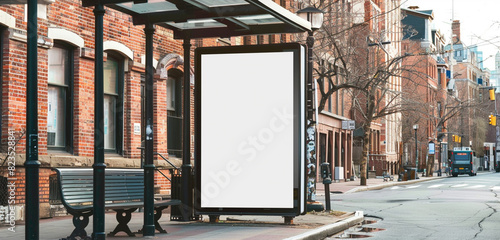 Central city bus stop with historical brick buildings hosting a micro vertical blank billboard. photo