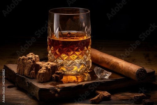 Sophisticated setting with a glass of whiskey, cigar, and chocolate on a rustic wooden background