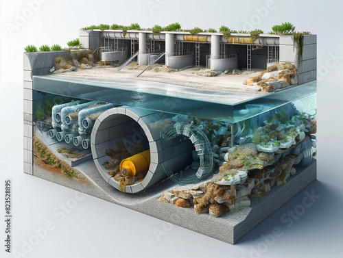 Detailed picture of the smart port system It showcases underwater exploration and breakwater technology to protect waterways in coastal areas.