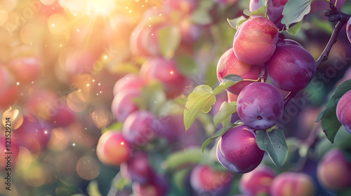 Bunch of apples hanging from a tree branch, a staple food and superfood photo