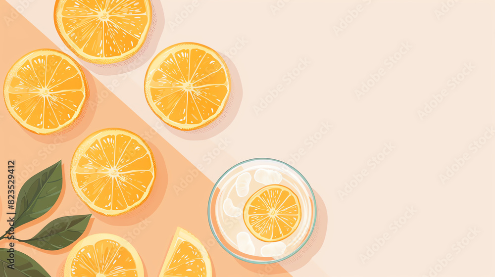 Glass and slices of orange flat design top view fruit refreshment cartoon drawing Triadic Color Scheme Glass and slices of orange flat design top view fruit refreshment cartoon drawing Triadic Color Scheme