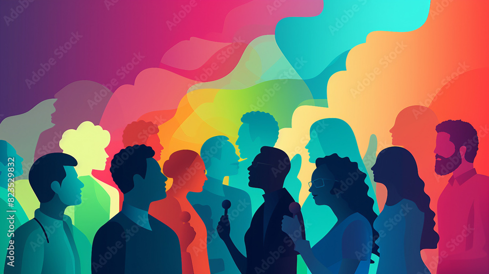 Vibrant Silhouette Profiles of People Engaging in Dialogue - Multiple Exposure Shot of Talking Crowd