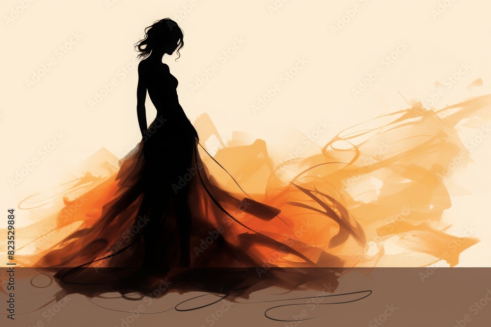 Illustration of a mysterious woman in a flowing dress with a dramatic, smoky effect. Elegant and artistic digital art perfect for design projects.