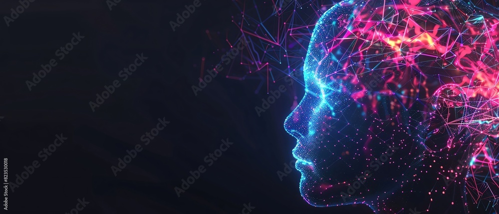 Navy color digital hologram futuristic face neuron link on a neuron connection, Artificial intelligence concept, isolated on black background Navy color digital hologram futuristic face neuron link on a neuron connection, Artificial intelligence concept, isolated on black background