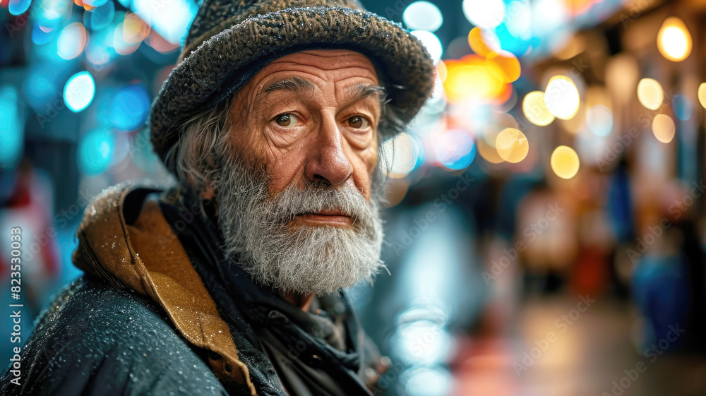 Close-up of an elderly homeless man with a gray beard in winter Close-up of an elderly homeless man with a gray beard in winter