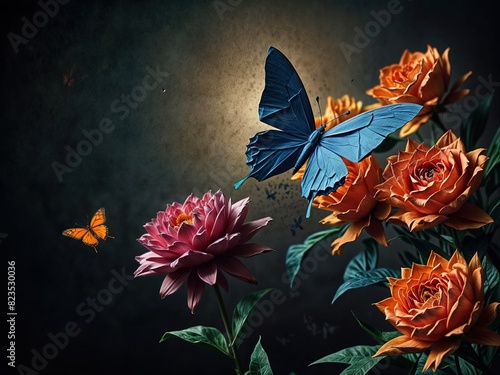 An origami design of a butterfly flying around a flower 