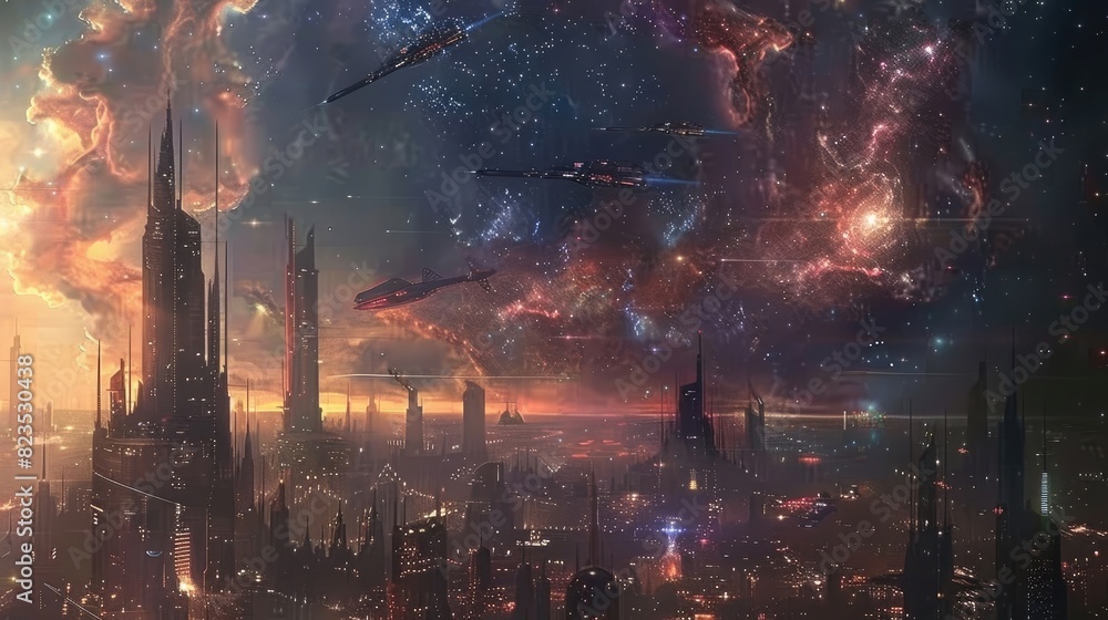 A futuristic cityscape, with towering skyscrapers and flying vehicles against a backdrop of a massive, distant nebula.