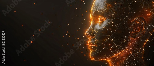 Orange color digital hologram futuristic face neuron link on a neuron connection, Artificial intelligence concept, isolated on black background