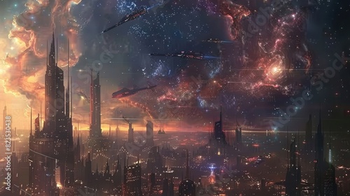 A futuristic cityscape  with towering skyscrapers and flying vehicles against a backdrop of a massive  distant nebula.